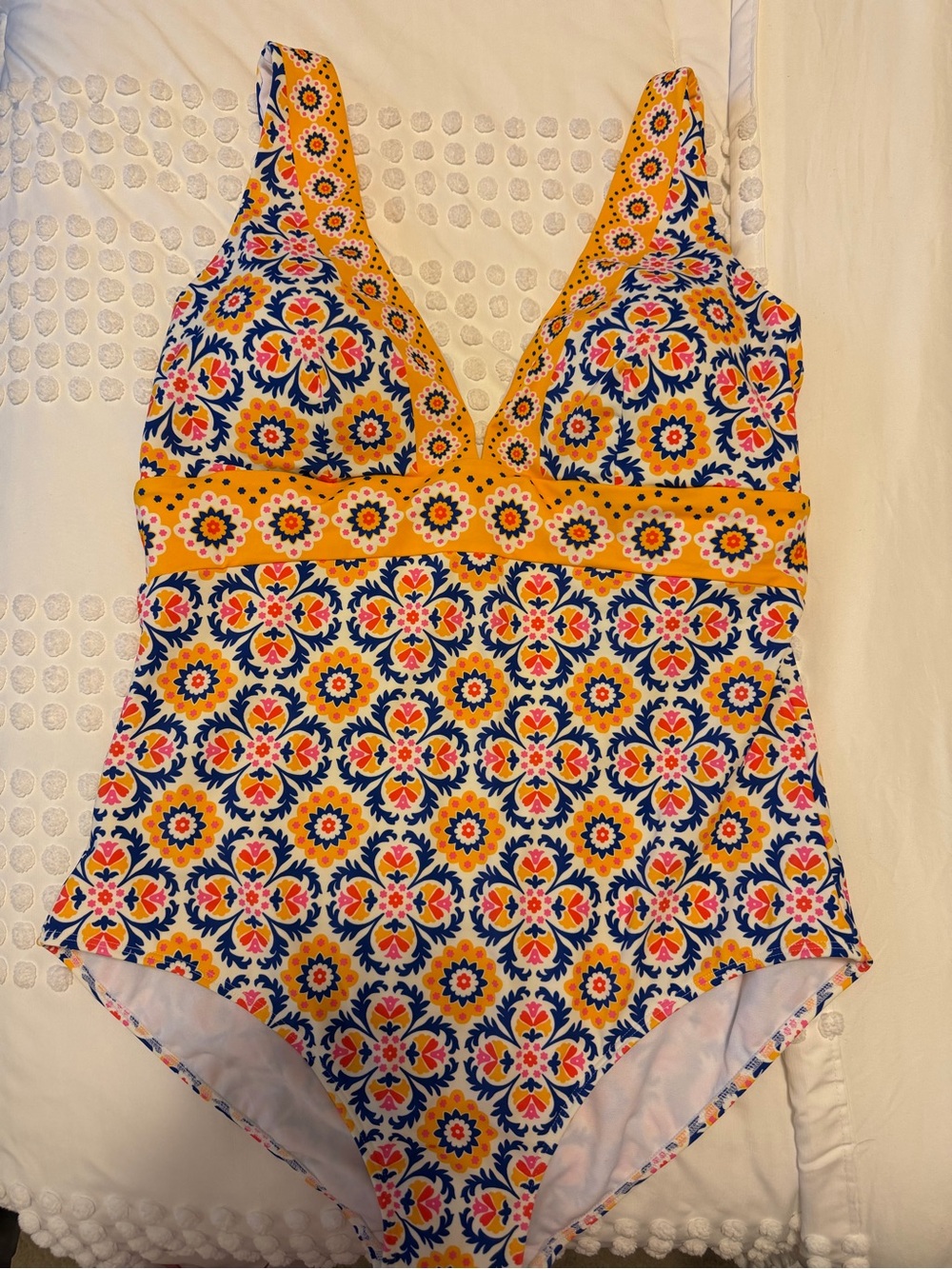 Boden Floral Pattern One-Piece Swimsuit in Yellow and Blue. Size 16/18L